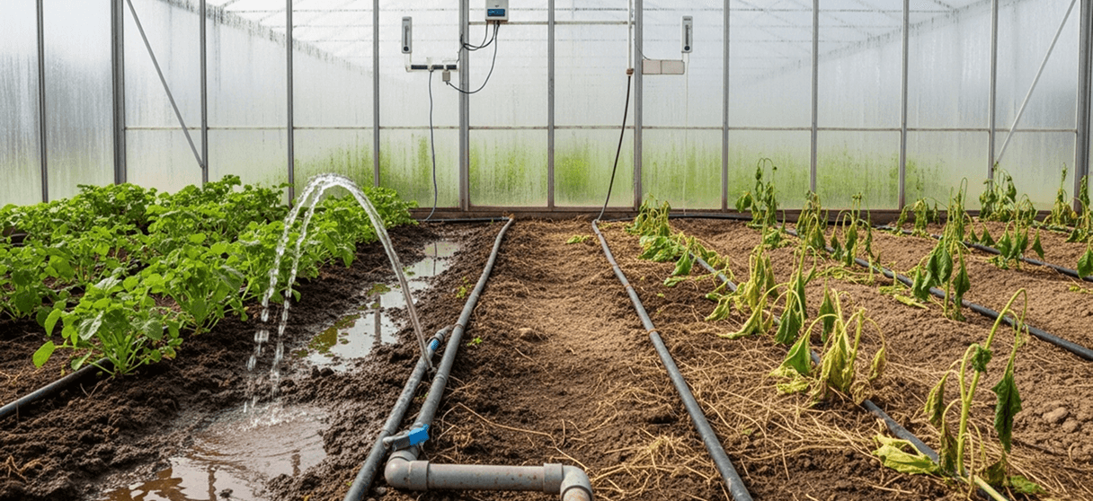 Greenhouse showing irrigation challenges and struggling plants
