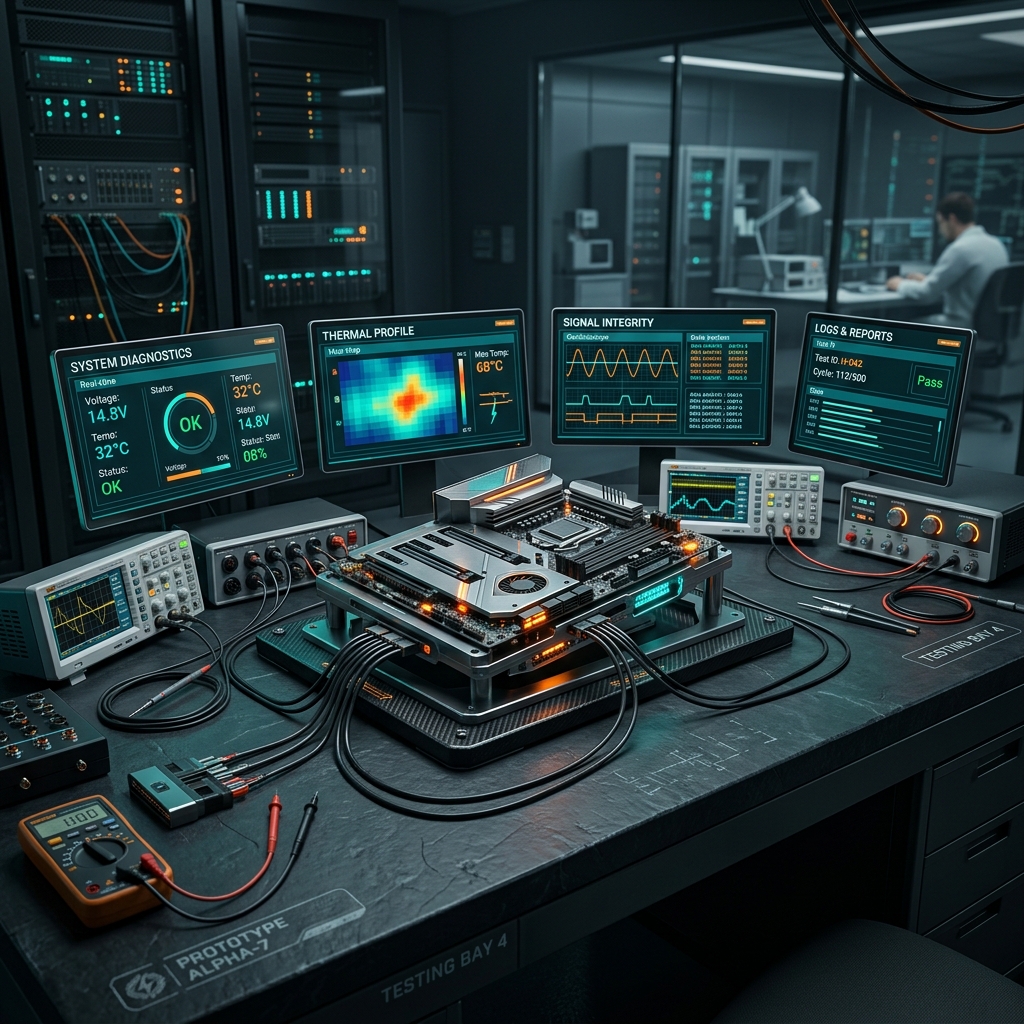 Hardware prototype being tested on an engineering bench